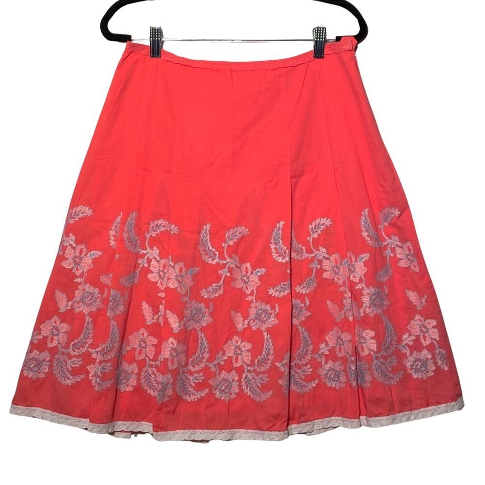 Think Tank Coral Pink Floral Embroidered Cotton A-Line Skirt Size 6 Boho Lace